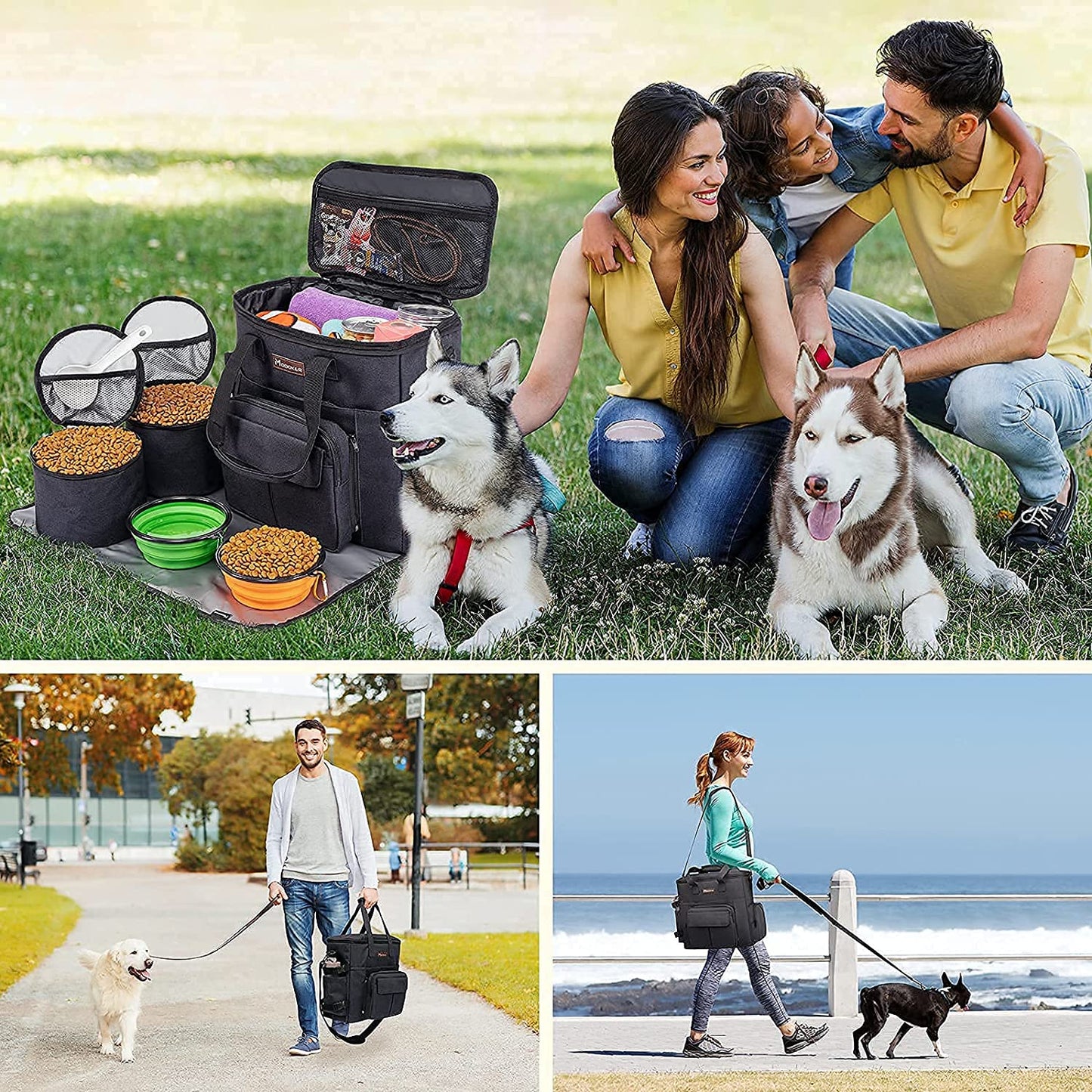 Dog Travel Bag with 2 Collapsible Dog Bowls, 1 Dog Backpack, Airline Approved Pet Travel Bagorganizer for Supplies & Accessories, 2 Travel Dog Food Container, Black