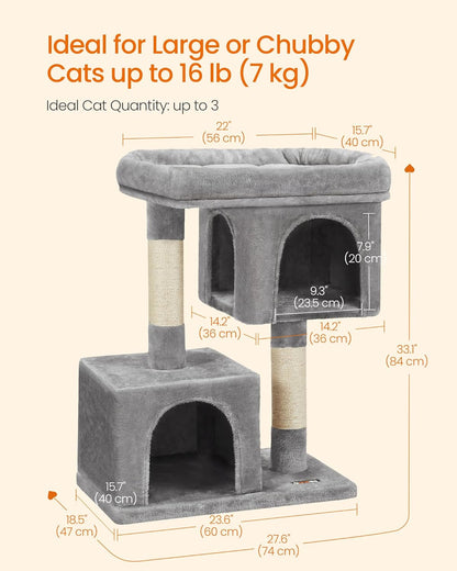 Cat Tree, 33.1-Inch Cat Tower, Plush Condo for Large Cats up to 16 Lb, Large Perch, 2 Caves, Scratching Post, Light Gray UPCT61W