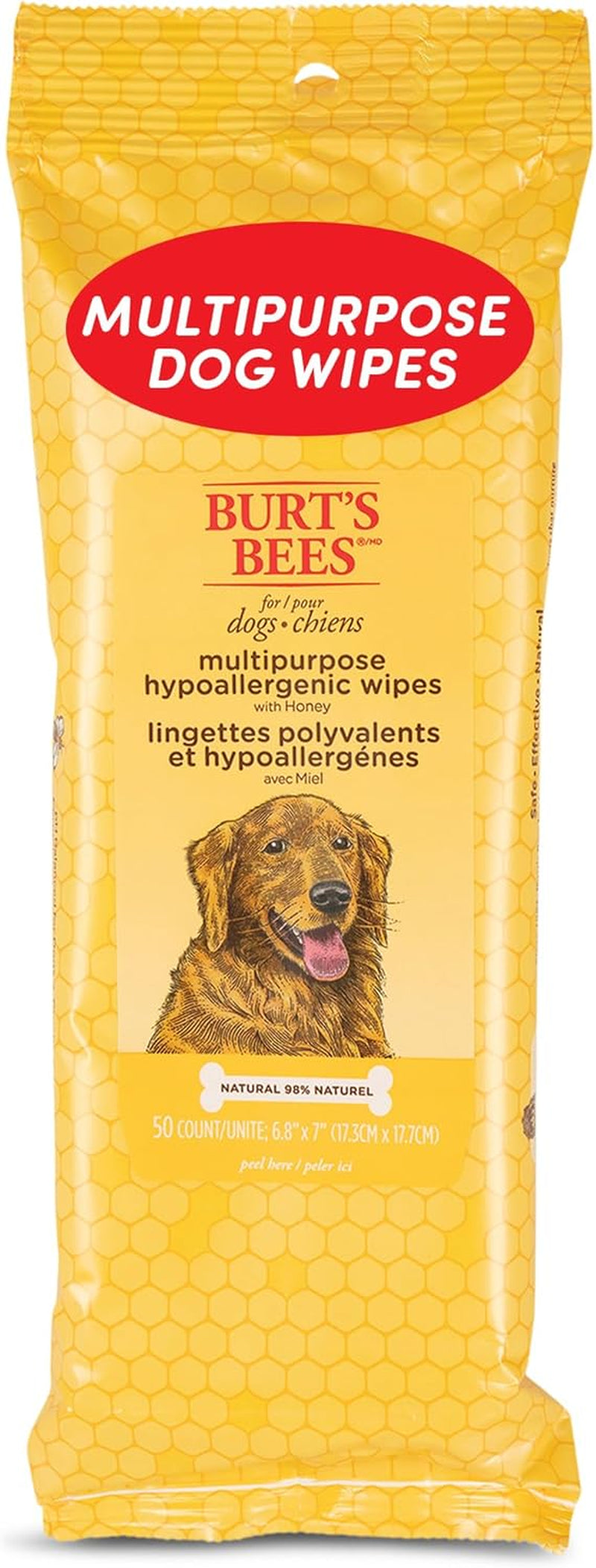 Honey Multipurpose Dog Grooming Wipes, Gentle Hypoallergenic Spot Cleaning Sheets, Ph Balanced Natural Origin Formula for Paws, Face and Butt, 50 Count
