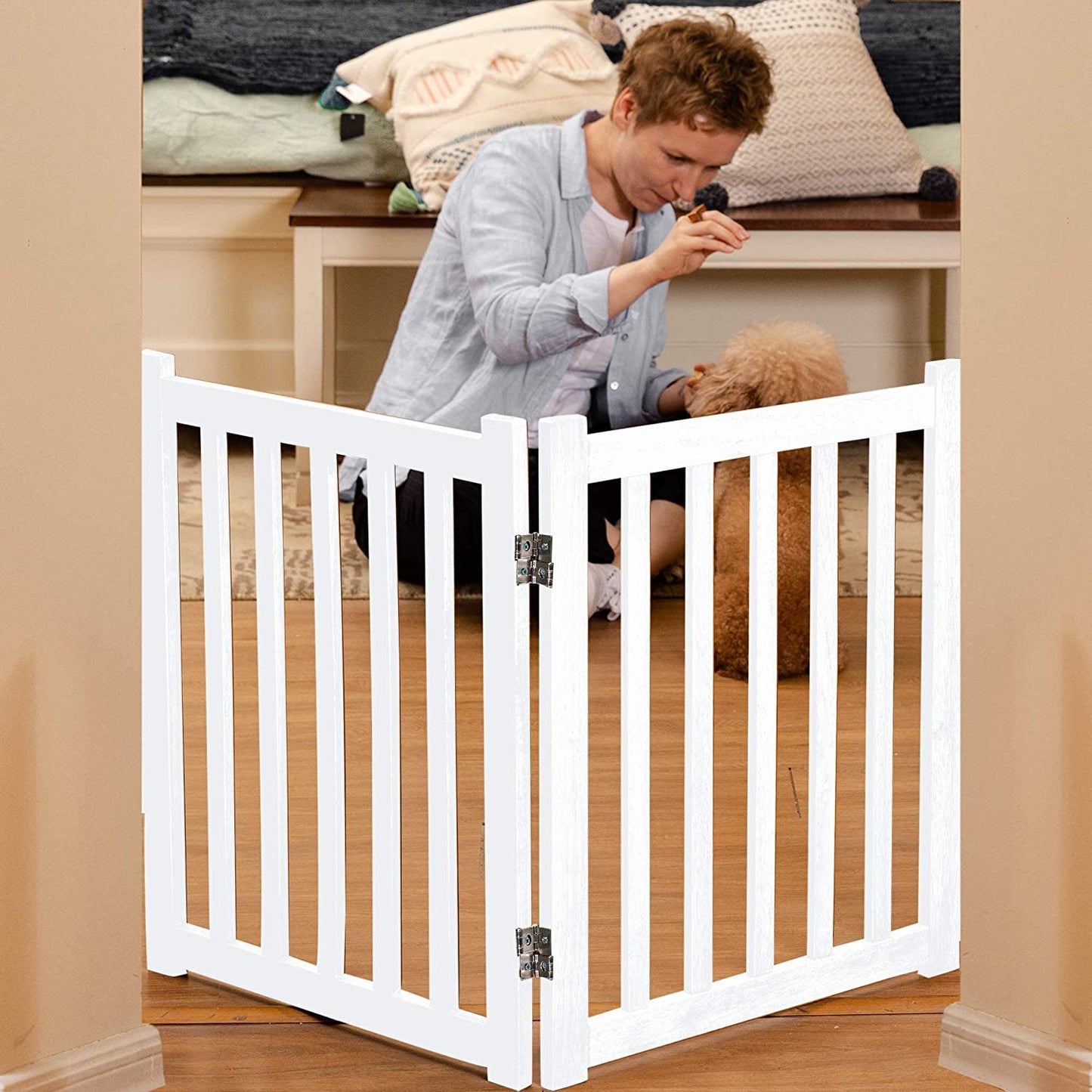 2-Panel Wooden Free Standing Foldable Dog Gate Indoor – Solid Hardwood 24" High, Step-Over Safety Pet Gate for Doorways, Stairs & Small Spaces - Indoor Use, White