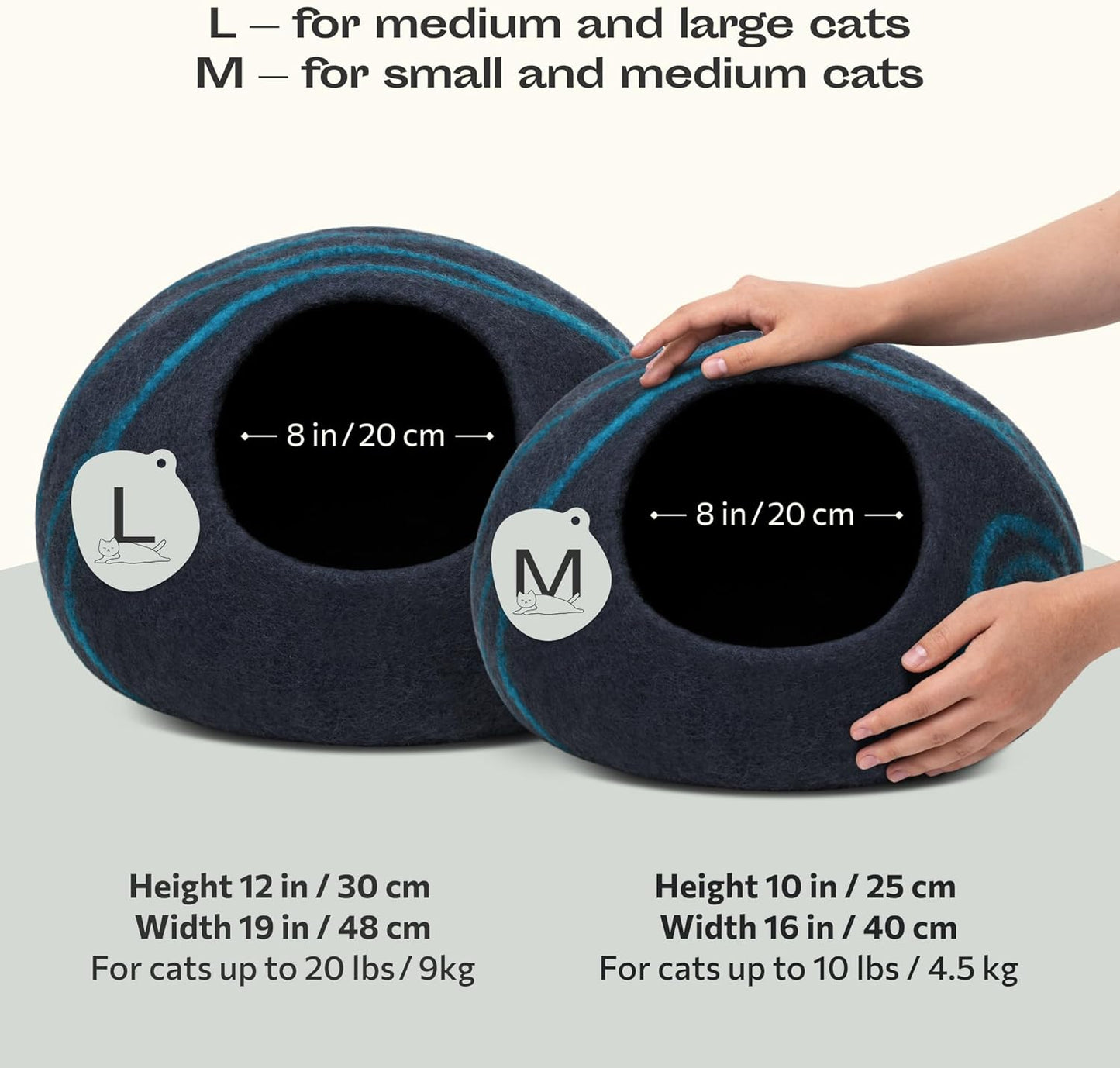 Cat Cave – Premium Felt Cat Bed for Indoor Cats, Handmade Merino Wool (Black Aqua, Large)