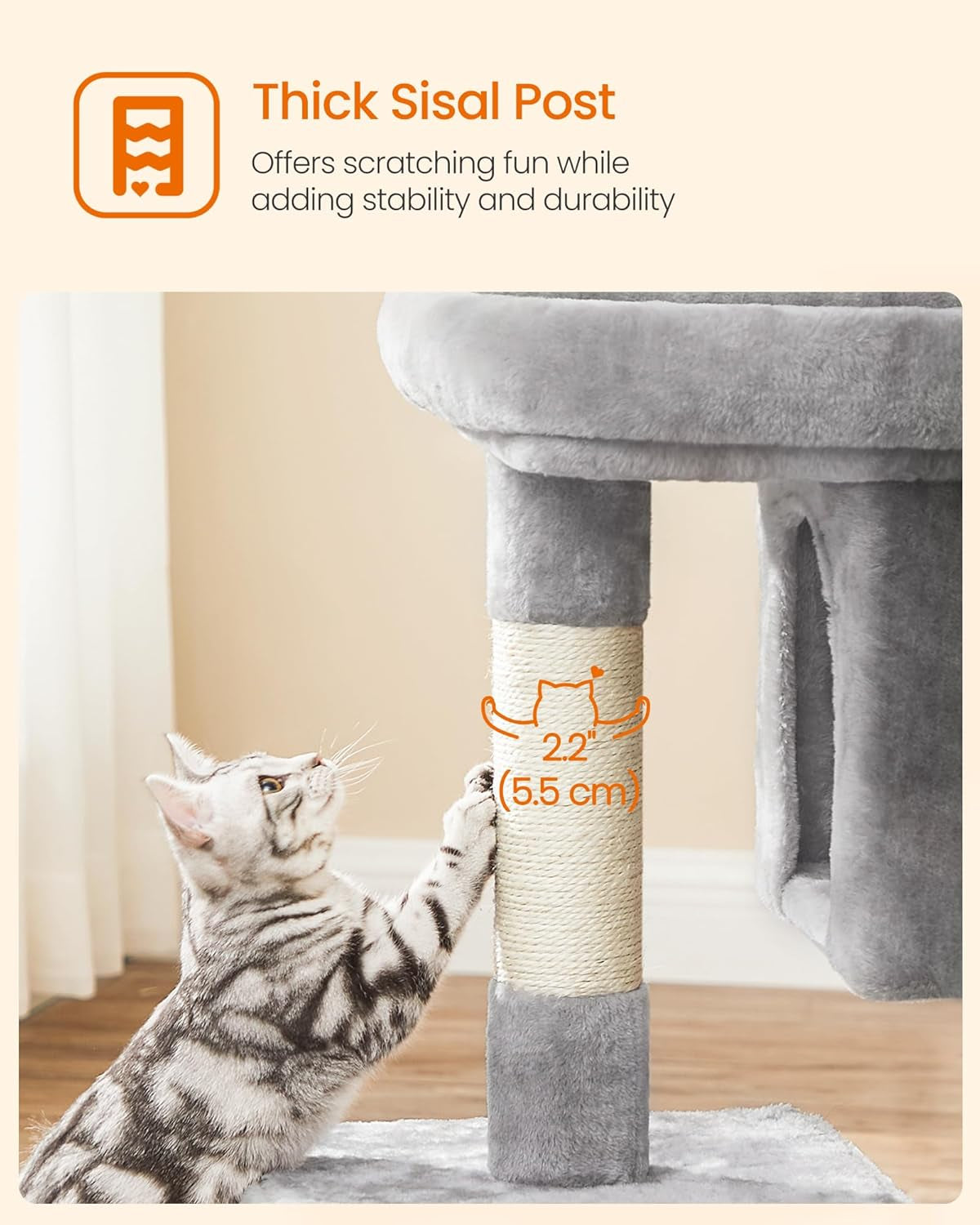 Cat Tree, 33.1-Inch Cat Tower, Plush Condo for Large Cats up to 16 Lb, Large Perch, 2 Caves, Scratching Post, Light Gray UPCT61W