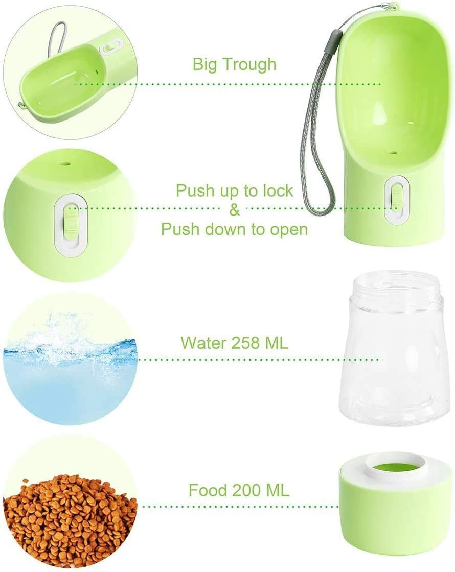 Portable Dog Water Bottle - Leak Proof Dog Water Dispenser with Bowl & Food Container, Dishwasher Safe Food Grade Plastic for Pet Puppy Outdoor Walking Hiking Travel Green