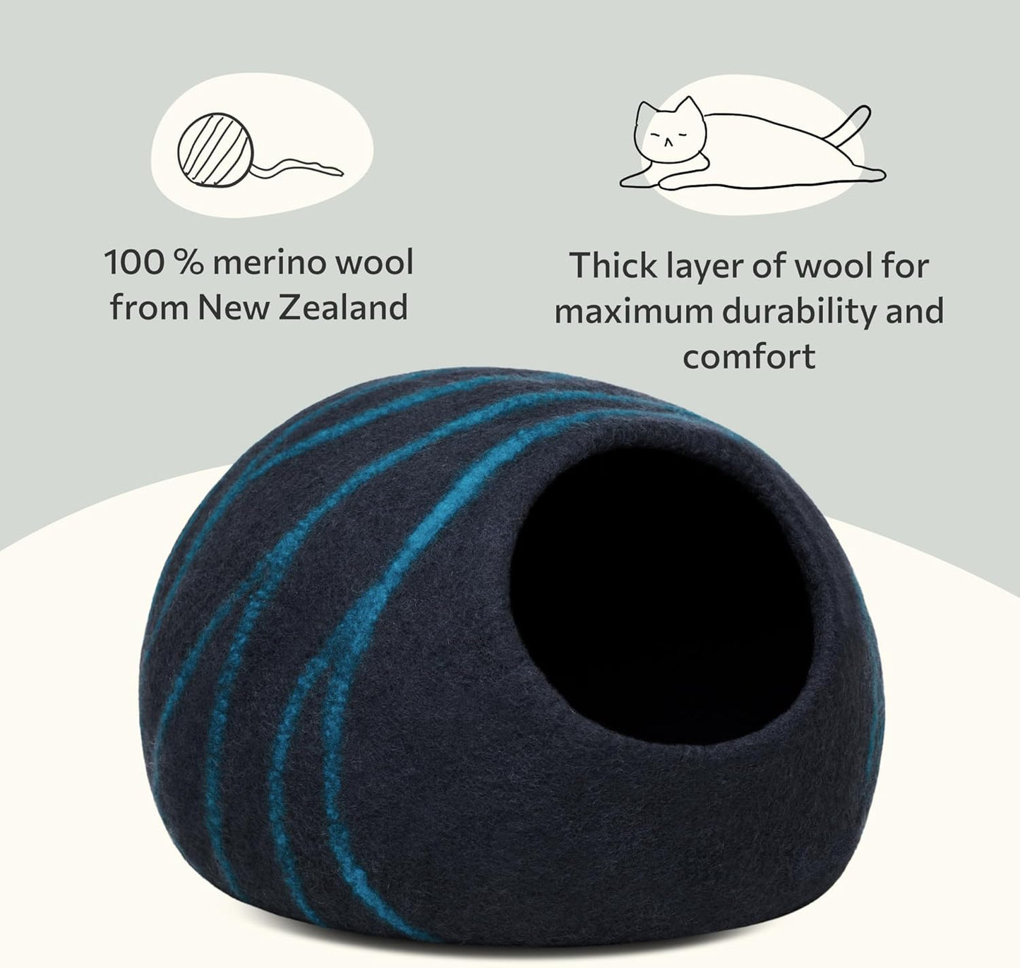 Cat Cave – Premium Felt Cat Bed for Indoor Cats, Handmade Merino Wool (Black Aqua, Large)