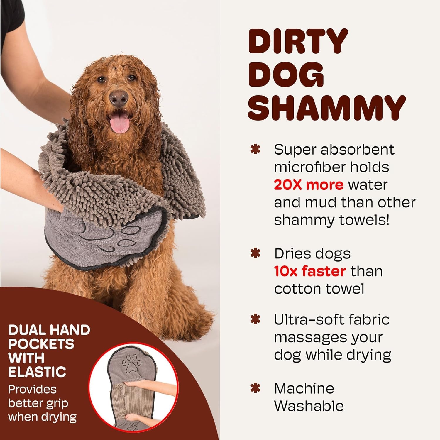 the Dirty Dog Shammy - Fast Drying Plush Shammy Towel with Dual Hand Pockets and Elastic - Super Absorbent Microfiber and Machine Washable - 31×13 In, Grey