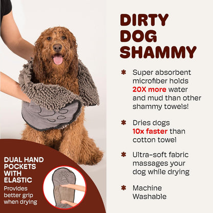 the Dirty Dog Shammy - Fast Drying Plush Shammy Towel with Dual Hand Pockets and Elastic - Super Absorbent Microfiber and Machine Washable - 31×13 In, Grey