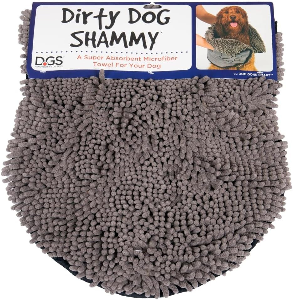 the Dirty Dog Shammy - Fast Drying Plush Shammy Towel with Dual Hand Pockets and Elastic - Super Absorbent Microfiber and Machine Washable - 31×13 In, Grey