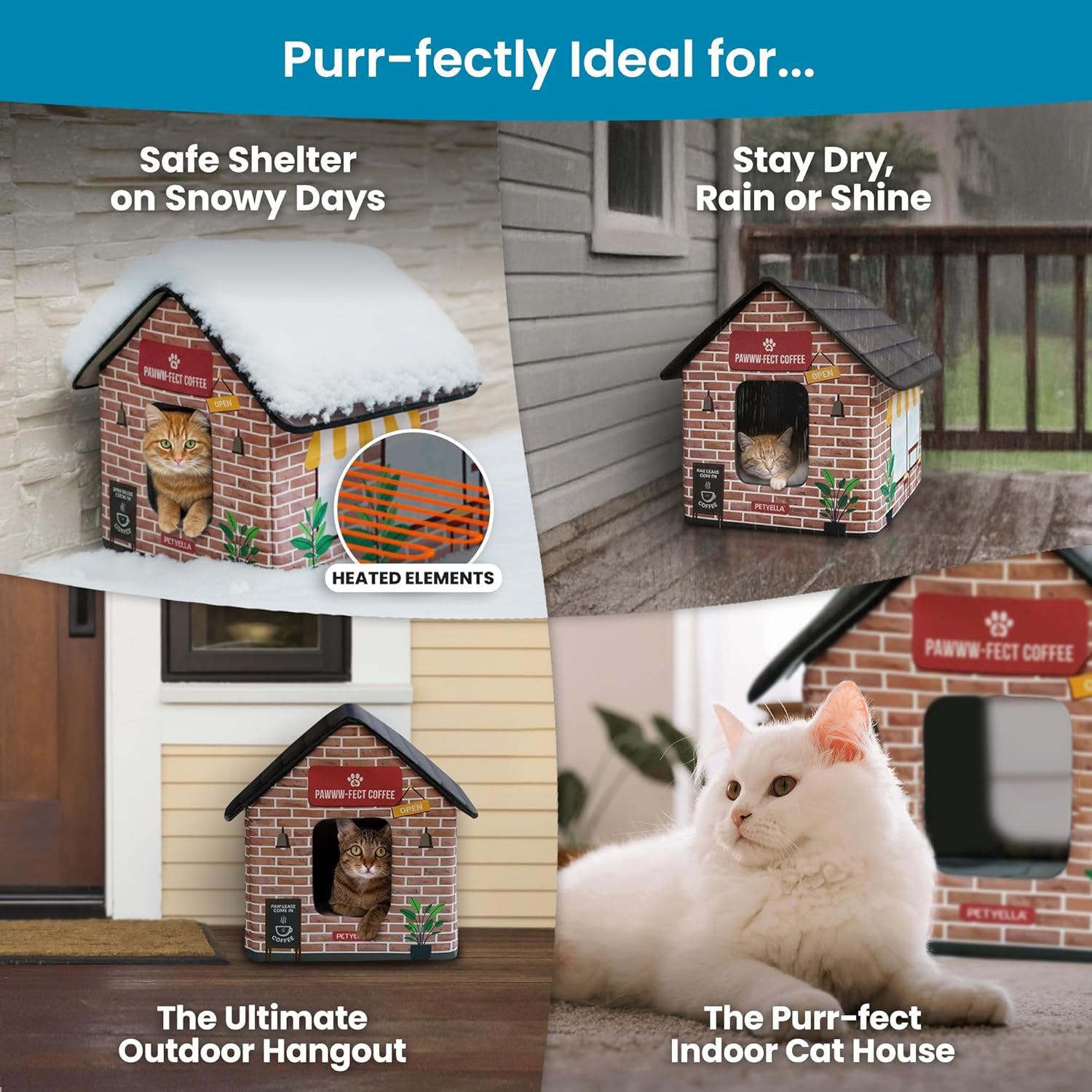 Deluxe Heated Cat House for Winter - Weatherproof, Insulated, Easy Assembly, Cat Heating Pad, Dual Escape Doors, Outdoor & Indoor Cat House - Coffee Pethouse