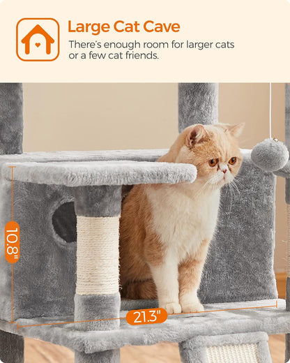 Cat Tree, Large Cat Tower, Cat Condo with Scratching Posts, Board, 2 Caves, 3 Plush Perches, Activity Center, 66.5 Inches, Light Gray UPCT019W01