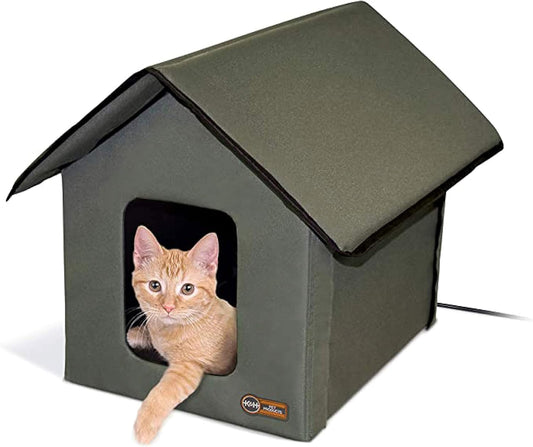 Heated Outdoor Cat House for outside Pets in Winter, Weatherproof Outdoor House for Ferals, Insulated Kitty Shelter, 2 Doors, Waterproof Heated Cat Bed, Safety Listed - Olive/Olive