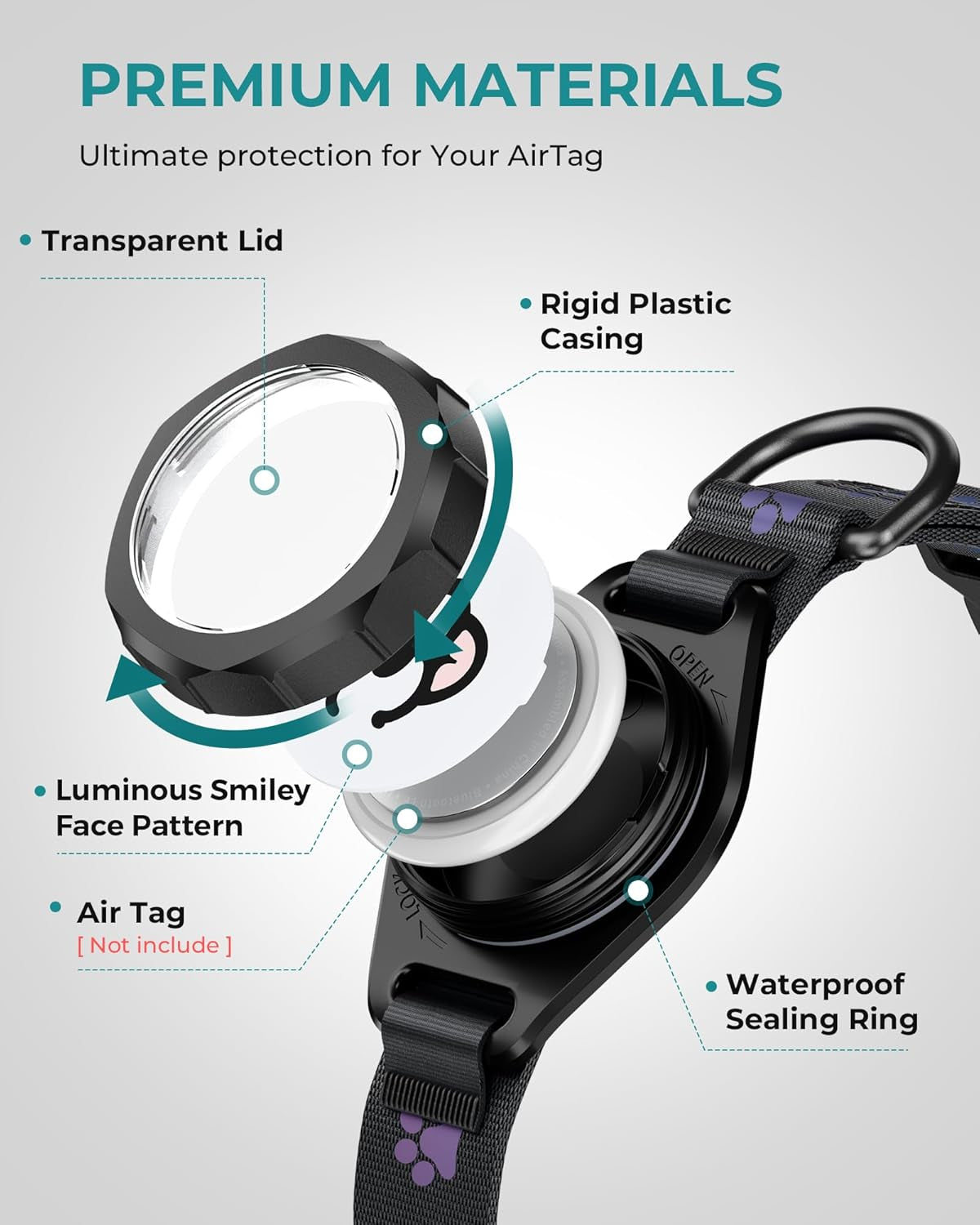 Dog Collar with Airtag Holder, IP67 Waterproof Reflective Airtag Dog Collars for Medium & Large Dogs, Adjustable Pet Collar with Twist-Lock Holder & Green Glow for Night (M, 11.8"-15.9", Black)