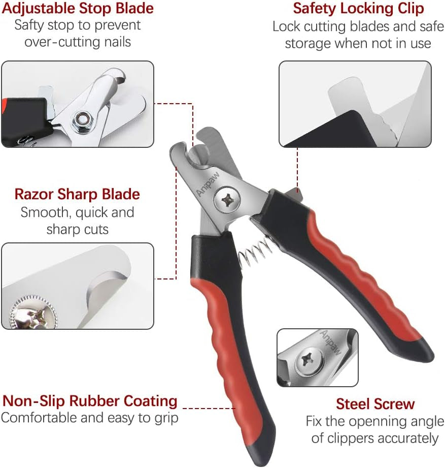 Dog Nail Clippers and Trimmer Set, Anipaw Stainless Steel Non Slip Handles & Razor Sharp Blades, Safety Guard to Avoid Over-Cutting, Grooming Tool for All Small Large Pets, Free Nail File