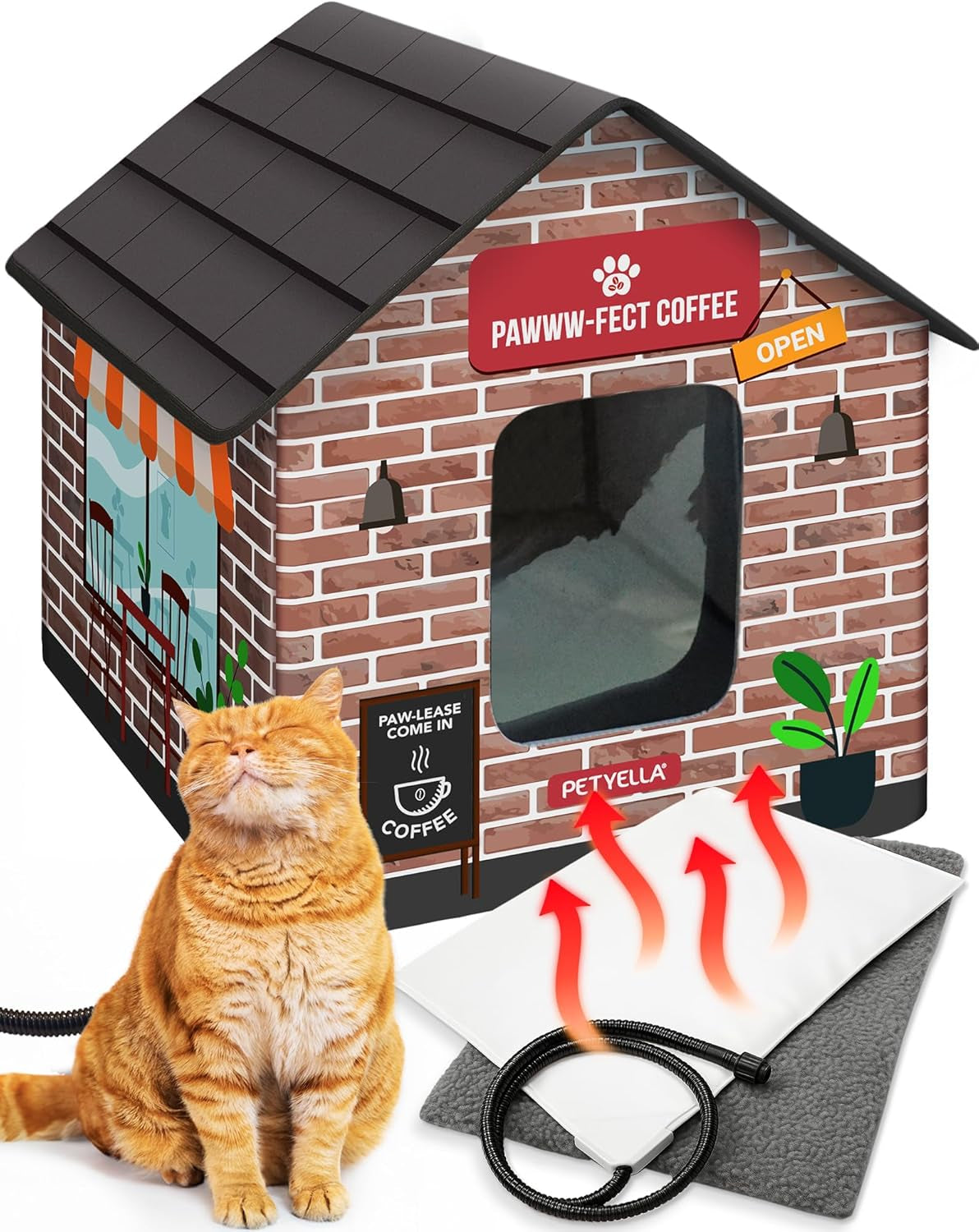Deluxe Heated Cat House for Winter - Weatherproof, Insulated, Easy Assembly, Cat Heating Pad, Dual Escape Doors, Outdoor & Indoor Cat House - Coffee Pethouse