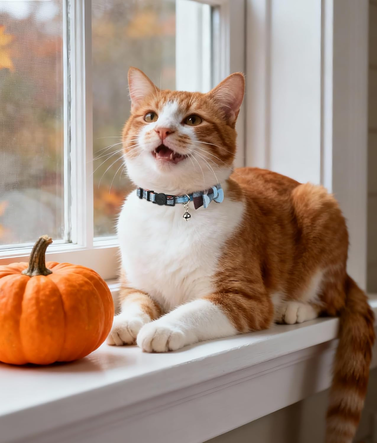 Upgraded Cat Collar with Bells, Breakaway Cat Collars with Bow Tie, 1 Pack Girl Boy Safety Plaid Kitten Collars, Haze Blue