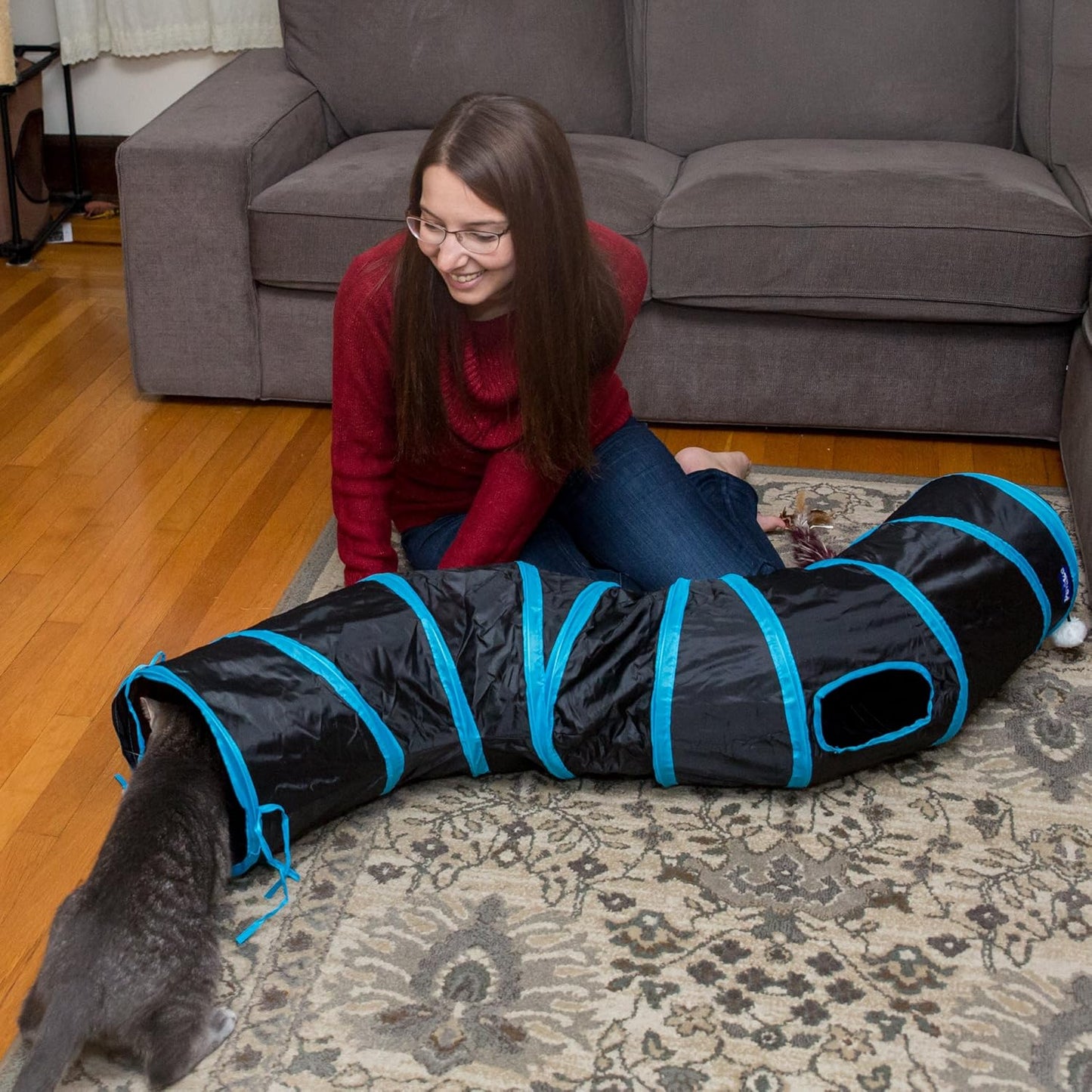 S Cat Tunnel Collapsible Pop-Up Pet Tube Hideaway Play Toy with Ball (1 Way, Black)