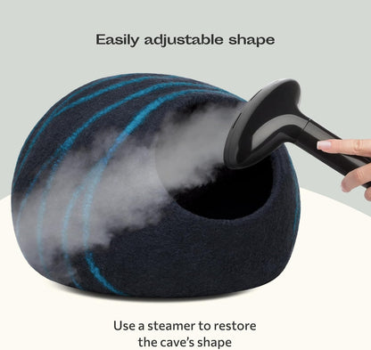 Cat Cave – Premium Felt Cat Bed for Indoor Cats, Handmade Merino Wool (Black Aqua, Large)