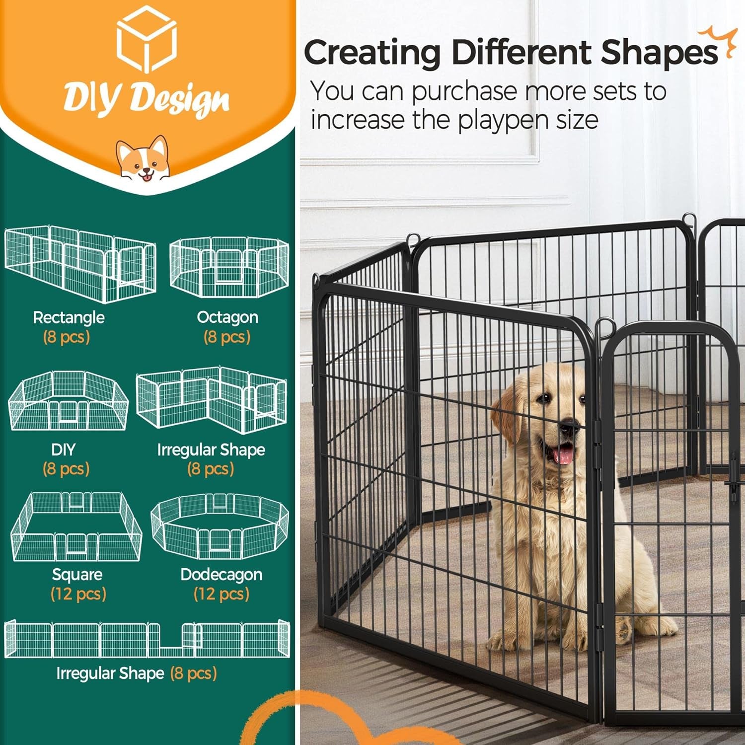 Wide Panel Dog Playpen, 8 Panels 24 Inch High Pet Pen with Gate, Portable Indoor Outdoor Fence for Small/Medium Breed Dogs