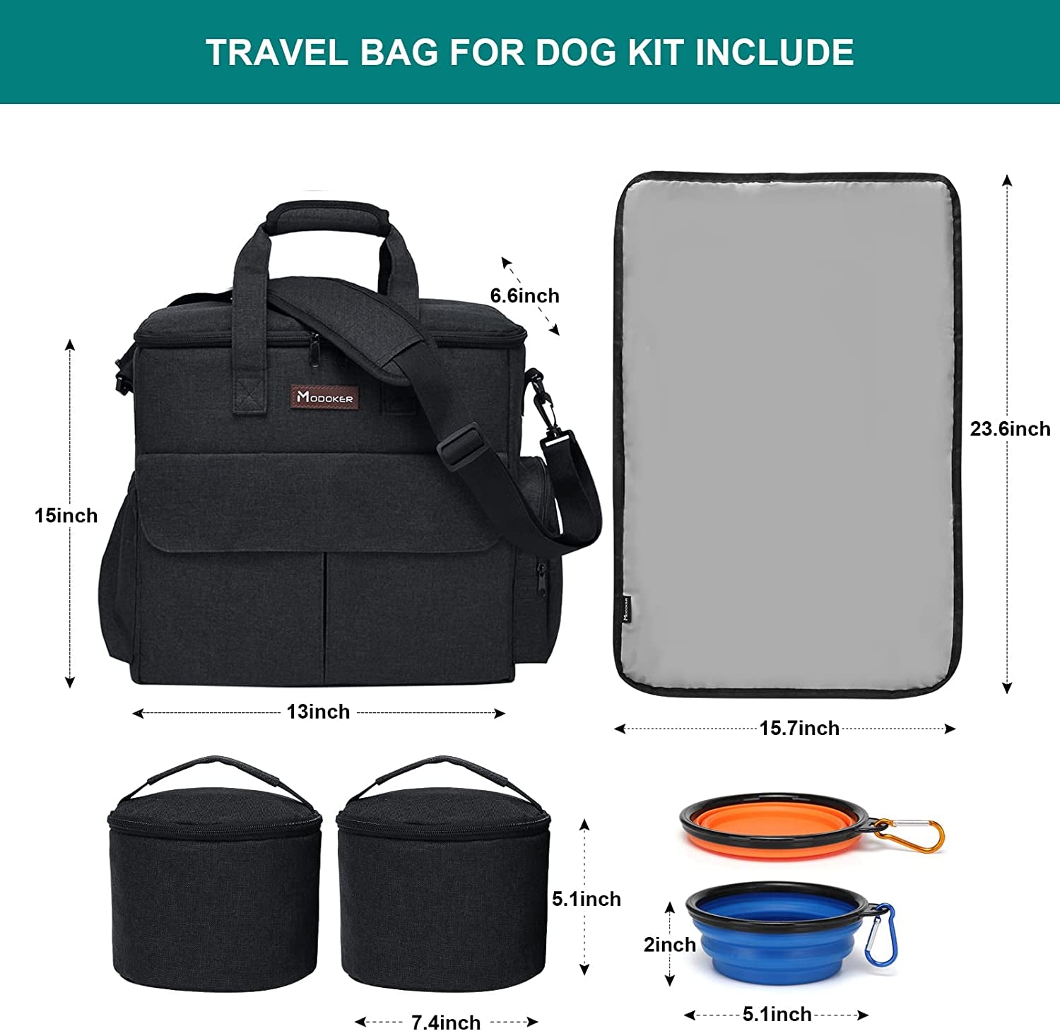 Dog Travel Bag by  - Dog Travel Kit for a Weekend Away Set Includes Pet Travel Bag Organizer for Accessories, 2 Collapsible Bowls, 2 Travel Food Container (Black)