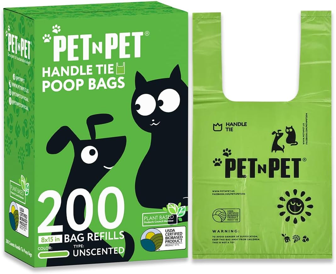 200 Counts Unscented Dog Poop Bags Rolls with Tie Handles, 41% Plant Based & 59% PE Poop Bags for Dogs, Extra-Thick Doggie Poo Bag, Pet Waste Bag
