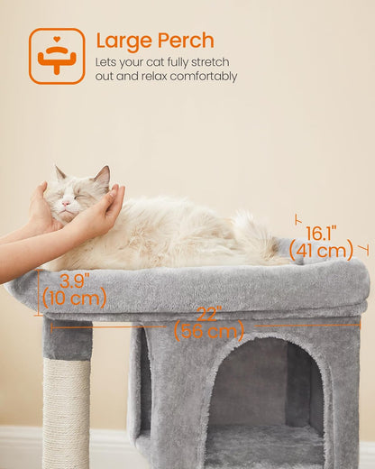 Cat Tree, 33.1-Inch Cat Tower, Plush Condo for Large Cats up to 16 Lb, Large Perch, 2 Caves, Scratching Post, Light Gray UPCT61W