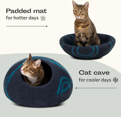 Cat Cave – Premium Felt Cat Bed for Indoor Cats, Handmade Merino Wool (Black Aqua, Large)