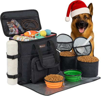 Dog Travel Bag with 2 Collapsible Dog Bowls, 1 Dog Backpack, Airline Approved Pet Travel Bagorganizer for Supplies & Accessories, 2 Travel Dog Food Container, Black