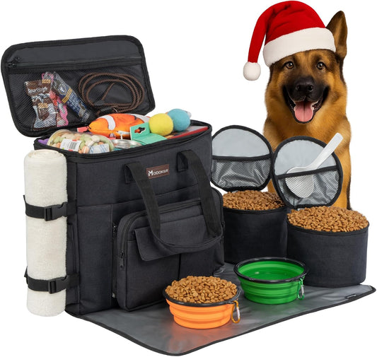 Dog Travel Bag with 2 Collapsible Dog Bowls, 1 Dog Backpack, Airline Approved Pet Travel Bagorganizer for Supplies & Accessories, 2 Travel Dog Food Container, Black