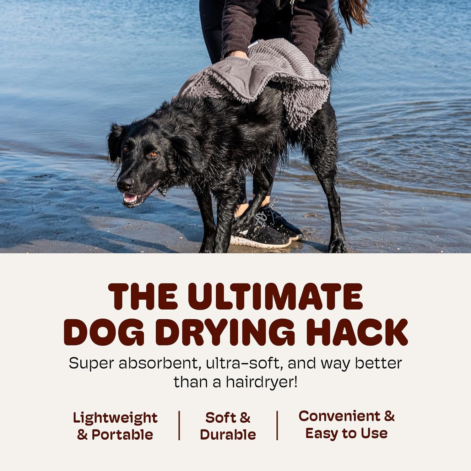 the Dirty Dog Shammy - Fast Drying Plush Shammy Towel with Dual Hand Pockets and Elastic - Super Absorbent Microfiber and Machine Washable - 31×13 In, Grey