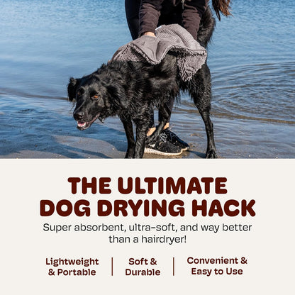 the Dirty Dog Shammy - Fast Drying Plush Shammy Towel with Dual Hand Pockets and Elastic - Super Absorbent Microfiber and Machine Washable - 31×13 In, Grey