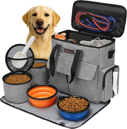 Dog Travel Bag, Weekend Pet Travel Set for Dog and Cat, Airline Approved Tote Organizer with Multi-Function Pockets, 2 Food Storage Containers, 2 Collapsible Bowls, 1 Feeding Mat (Grey)