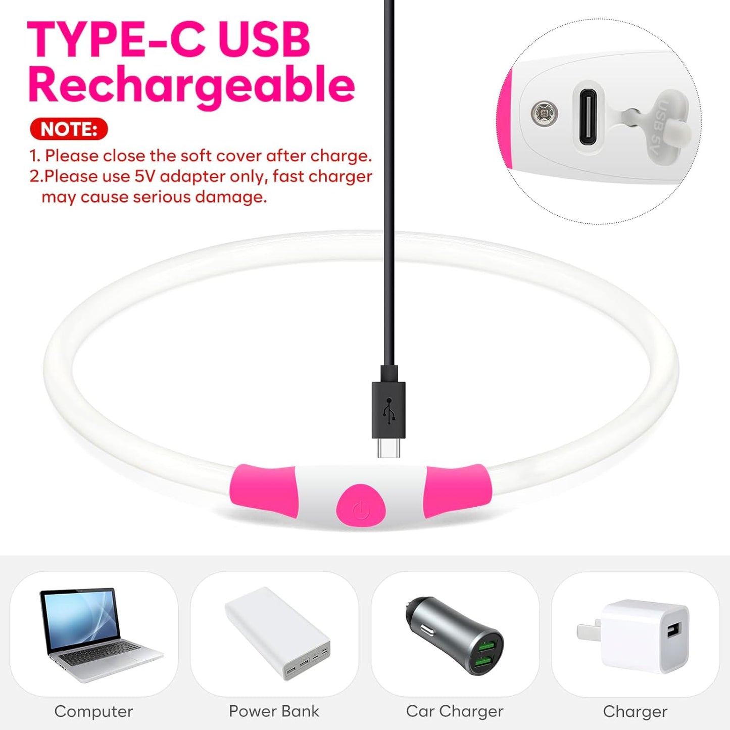 LED Dog Collar, USB Rechargeable Light up Dog Collars Glow in the Dark, Waterproof LED Dog Necklace for Your Dogs Walking at Night (Pink)