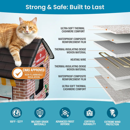 Deluxe Heated Cat House for Winter - Weatherproof, Insulated, Easy Assembly, Cat Heating Pad, Dual Escape Doors, Outdoor & Indoor Cat House - Coffee Pethouse