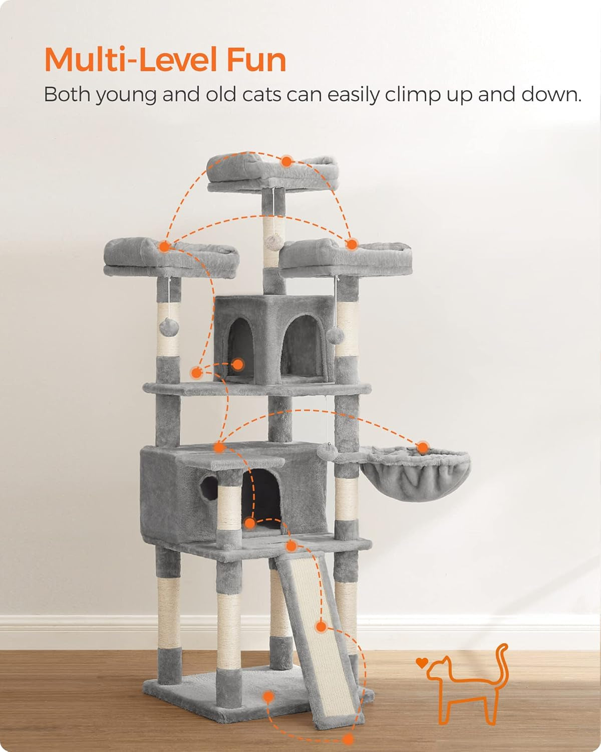 Cat Tree, Large Cat Tower, Cat Condo with Scratching Posts, Board, 2 Caves, 3 Plush Perches, Activity Center, 66.5 Inches, Light Gray UPCT019W01