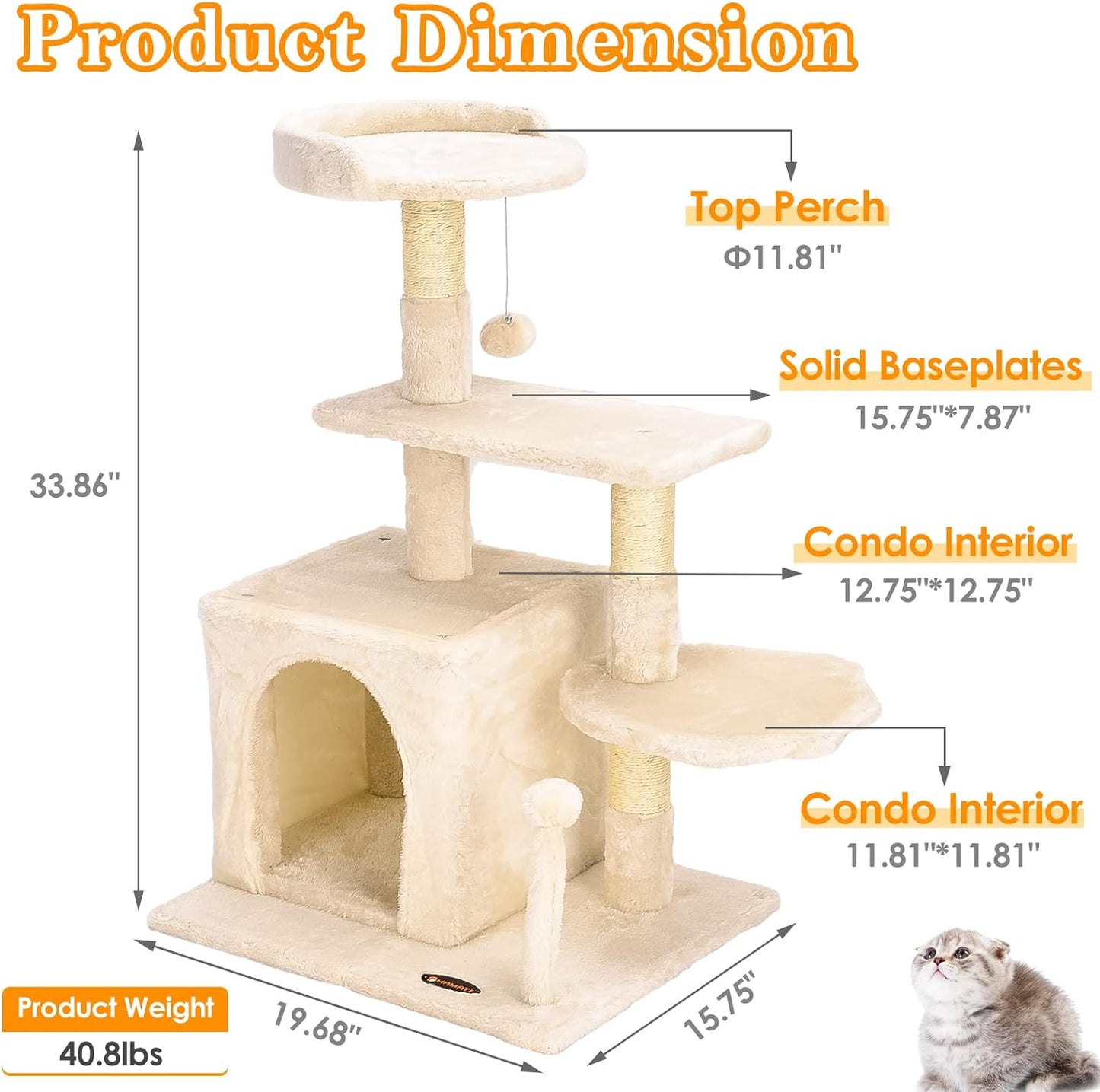 Cat Tree Tower,  Cat Condo Tree Climbing Frame Furniture with Scratching Post Cat House for Outdoor Indoor Cat Tower Cat Activity Centre for Sleeping and Playing (33.5" Beige)