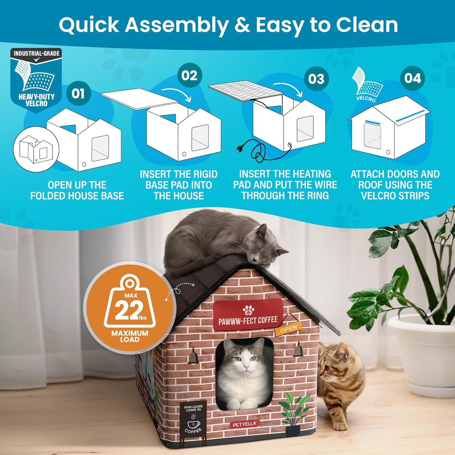 Deluxe Heated Cat House for Winter - Weatherproof, Insulated, Easy Assembly, Cat Heating Pad, Dual Escape Doors, Outdoor & Indoor Cat House - Coffee Pethouse