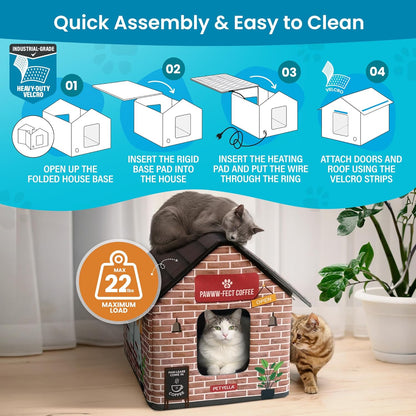 Deluxe Heated Cat House for Winter - Weatherproof, Insulated, Easy Assembly, Cat Heating Pad, Dual Escape Doors, Outdoor & Indoor Cat House - Coffee Pethouse
