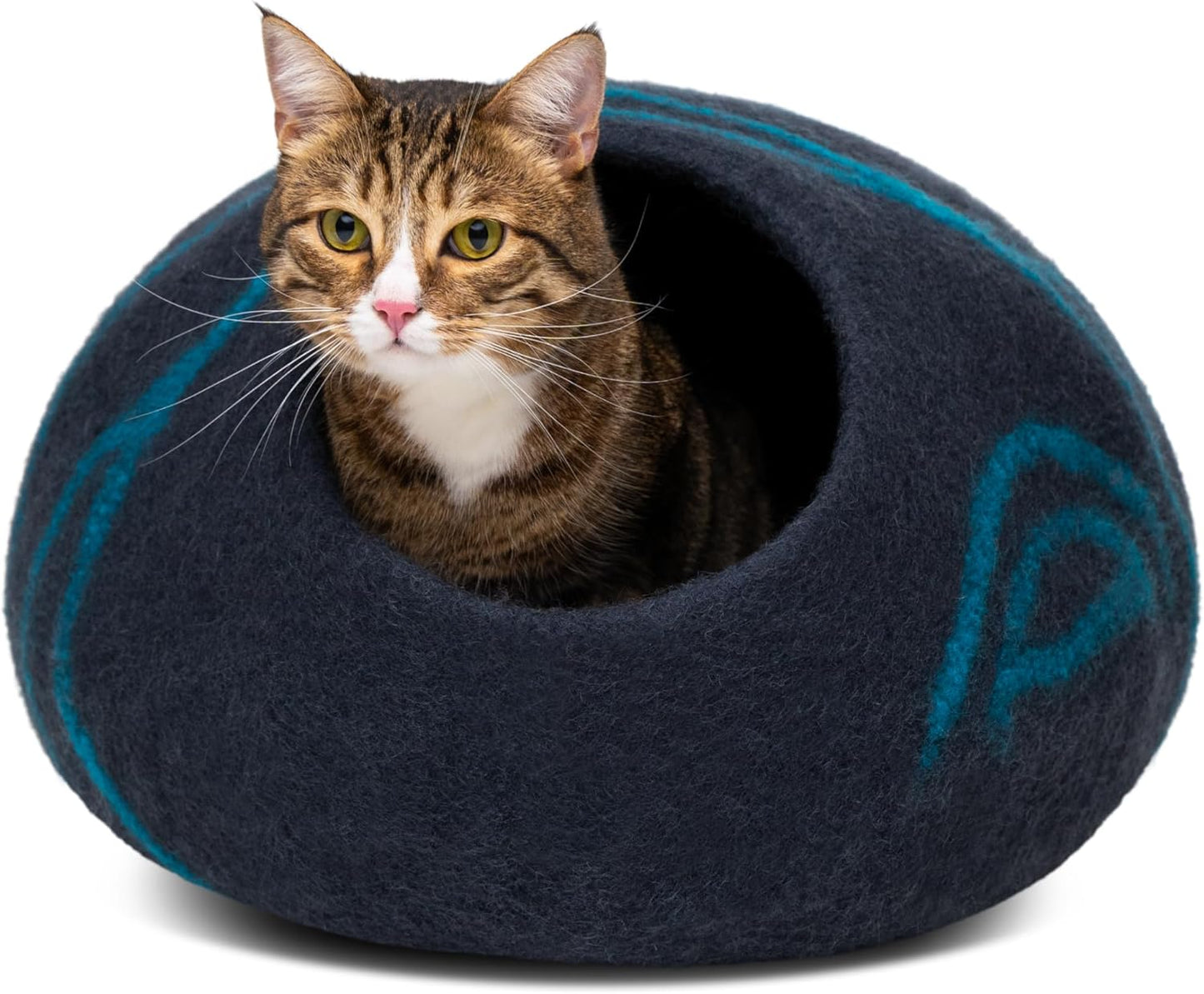 Cat Cave – Premium Felt Cat Bed for Indoor Cats, Handmade Merino Wool (Black Aqua, Large)