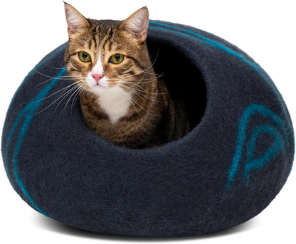 Cat Cave – Premium Felt Cat Bed for Indoor Cats, Handmade Merino Wool (Black Aqua, Large)