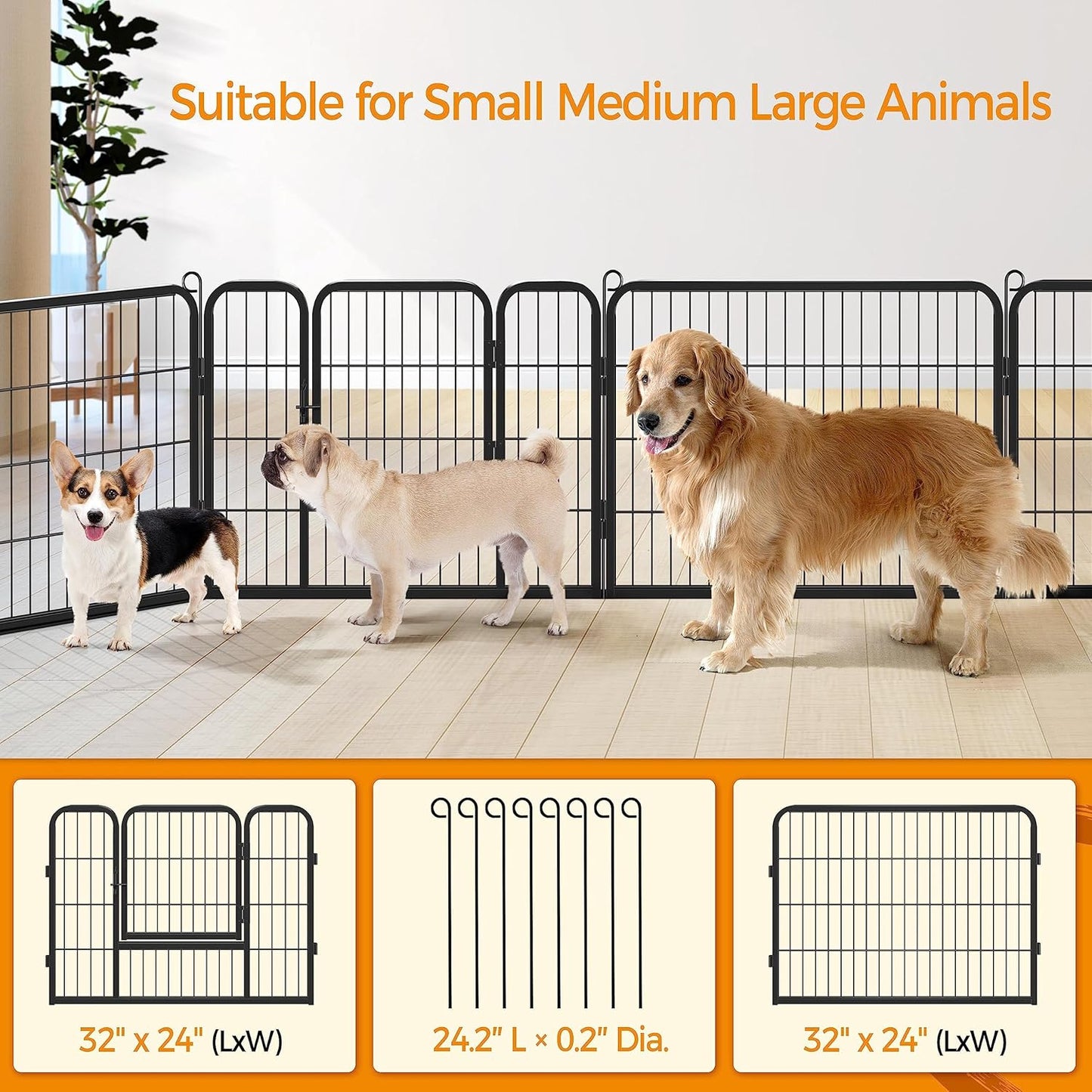 Wide Panel Dog Playpen, 8 Panels 24 Inch High Pet Pen with Gate, Portable Indoor Outdoor Fence for Small/Medium Breed Dogs