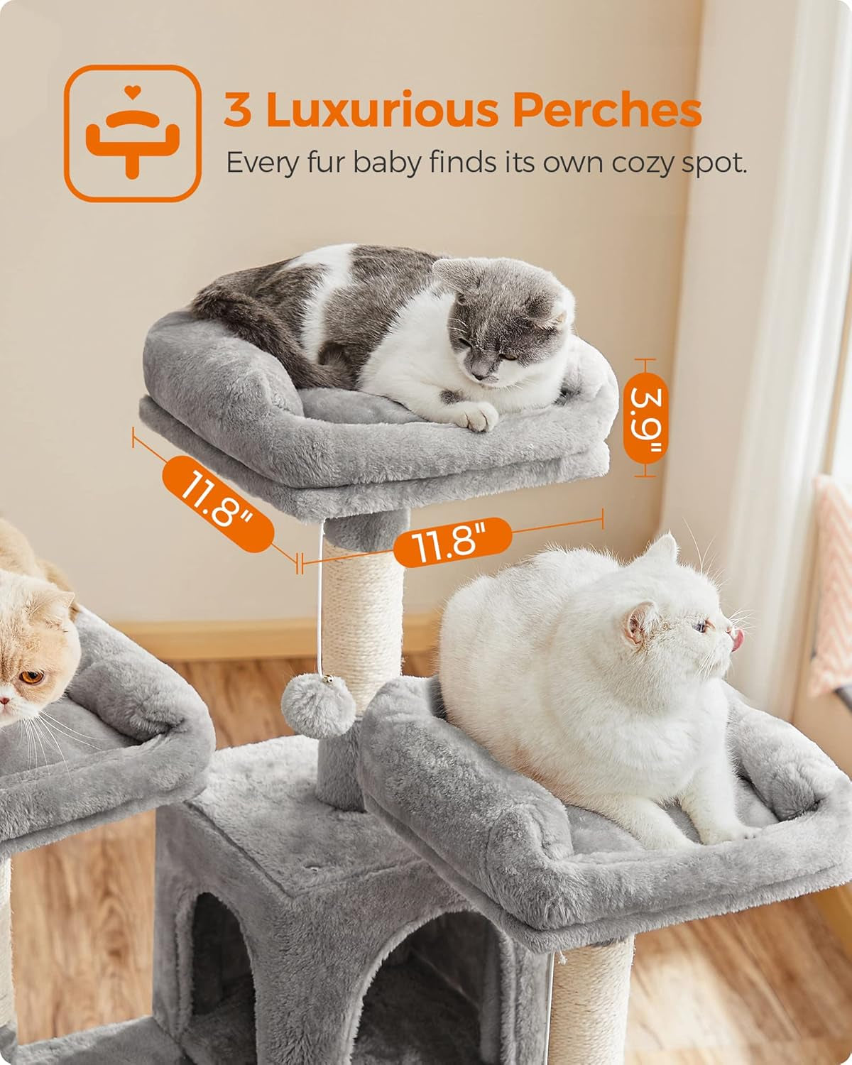 Cat Tree, Large Cat Tower, Cat Condo with Scratching Posts, Board, 2 Caves, 3 Plush Perches, Activity Center, 66.5 Inches, Light Gray UPCT019W01