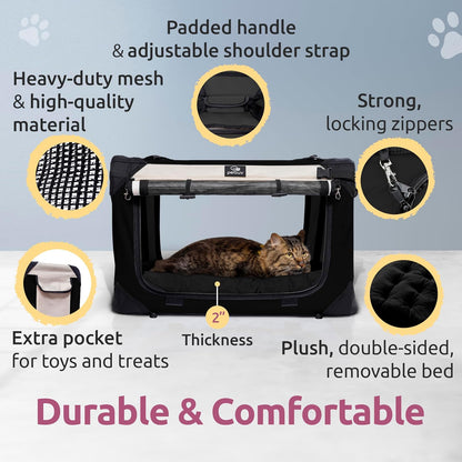Cat & Dog Pet Carrier, Soft-Sided, Medium 20"X13"X13" Fits Most Cats or Small Dog, Comfortable for Travel & Vet Visits, Privacy Windows, Removable Plush Bed, Locking Zippers, Folds Flat