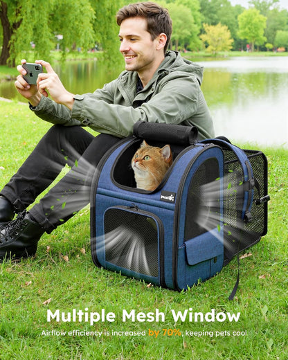 Cat Backpack Carrier Expandable, Pet Backpack for Cats & Small Dogs up to 11Lbs, with 4-Side Breathable Mesh, Multi-Entry & Lockable Zippers for Travel, Hiking, Camping - Hands Free, Blue