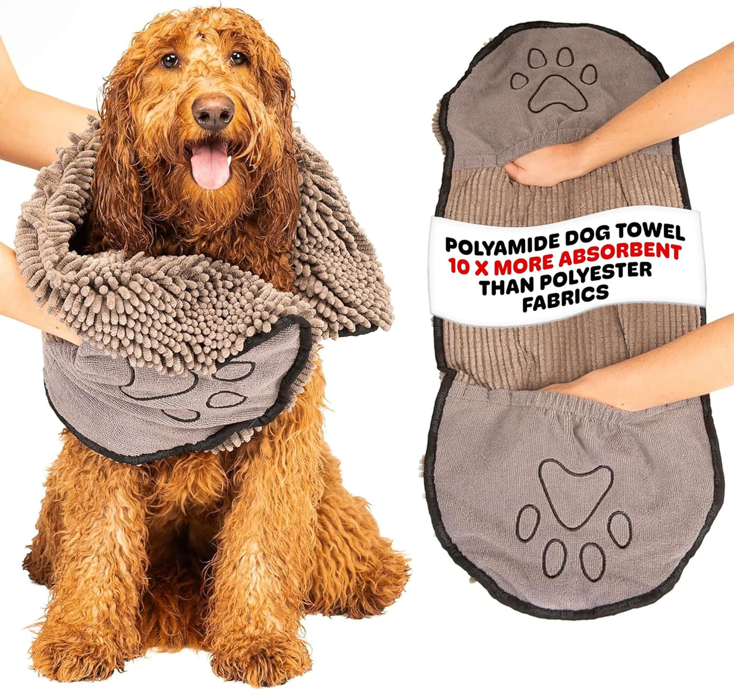 the Dirty Dog Shammy - Fast Drying Plush Shammy Towel with Dual Hand Pockets and Elastic - Super Absorbent Microfiber and Machine Washable - 31×13 In, Grey