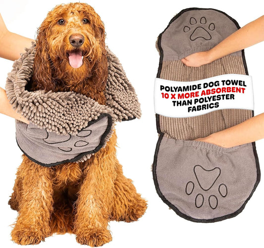 the Dirty Dog Shammy - Fast Drying Plush Shammy Towel with Dual Hand Pockets and Elastic - Super Absorbent Microfiber and Machine Washable - 31×13 In, Grey