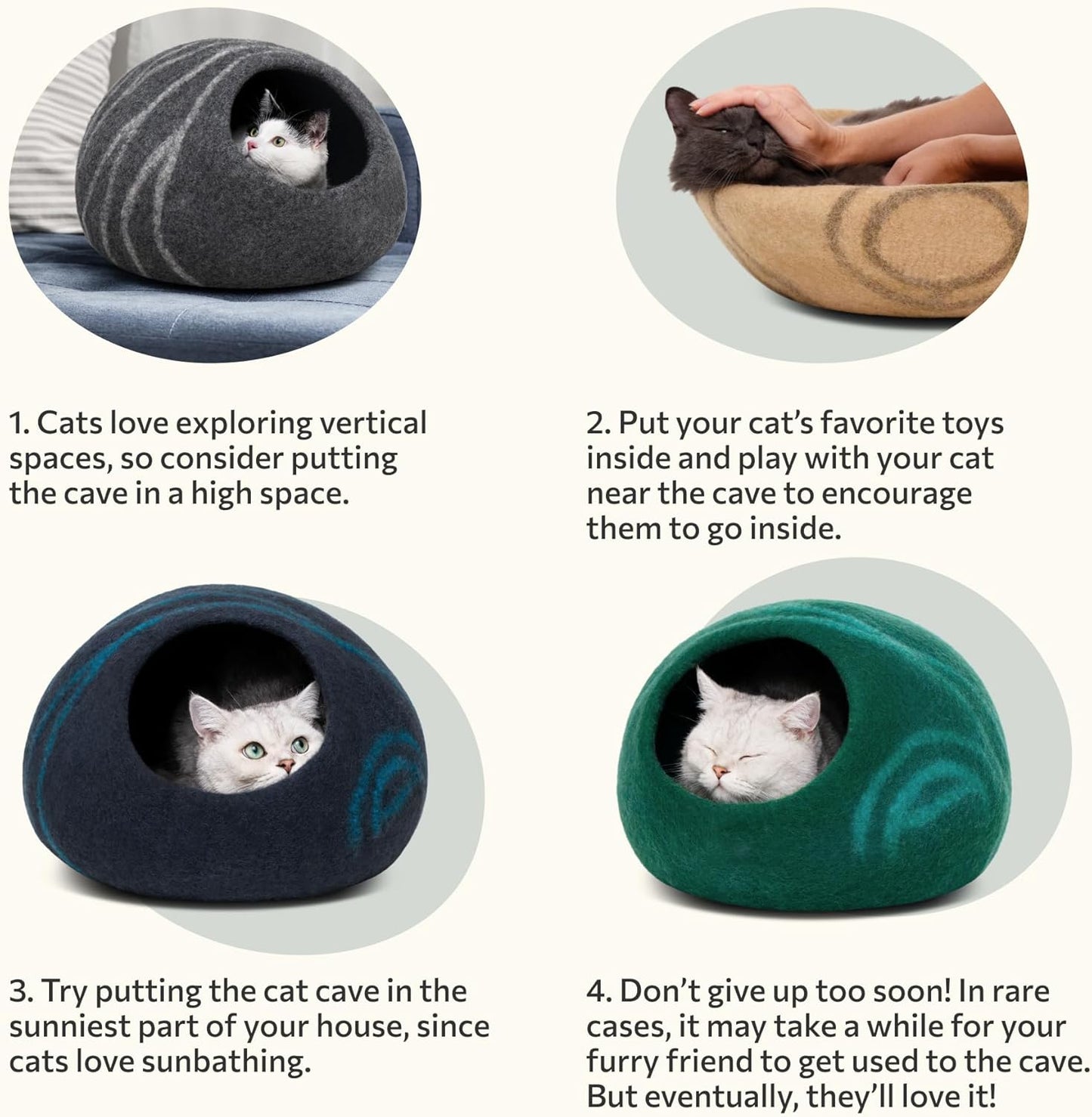 Cat Cave – Premium Felt Cat Bed for Indoor Cats, Handmade Merino Wool (Black Aqua, Large)