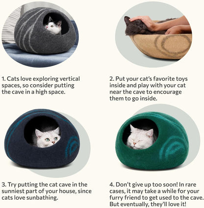 Cat Cave – Premium Felt Cat Bed for Indoor Cats, Handmade Merino Wool (Black Aqua, Large)