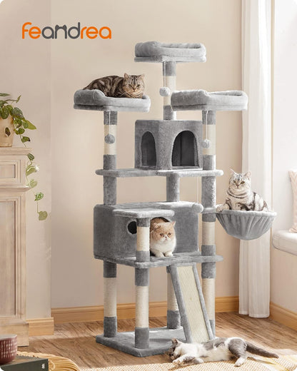 Cat Tree, Large Cat Tower, Cat Condo with Scratching Posts, Board, 2 Caves, 3 Plush Perches, Activity Center, 66.5 Inches, Light Gray UPCT019W01