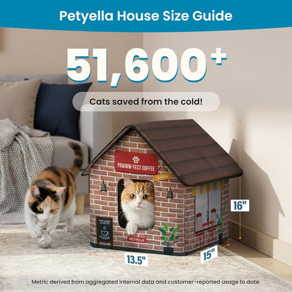 Deluxe Heated Cat House for Winter - Weatherproof, Insulated, Easy Assembly, Cat Heating Pad, Dual Escape Doors, Outdoor & Indoor Cat House - Coffee Pethouse