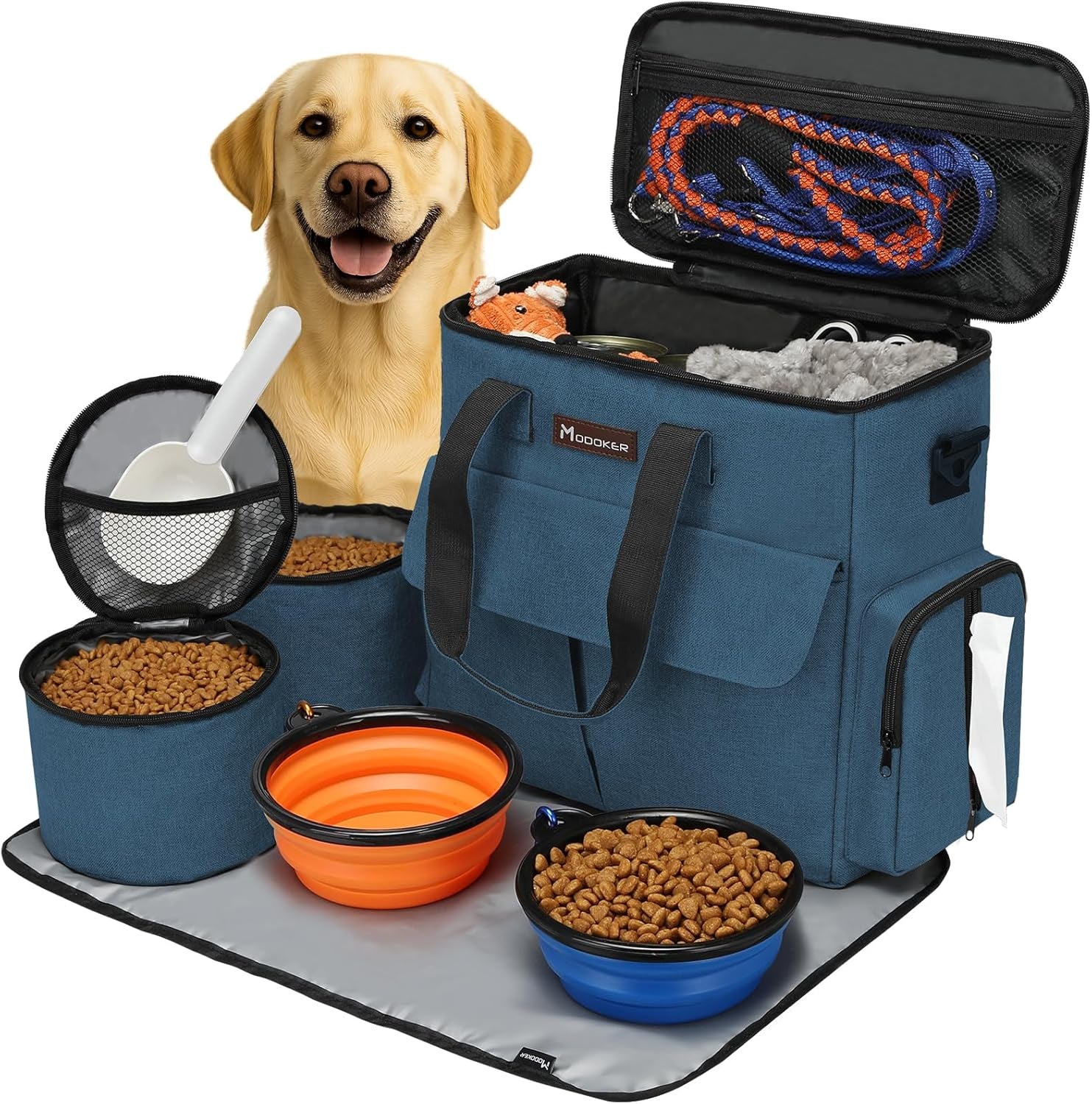 Dog Travel Bag, Weekend Pet Travel Set for Dog and Cat, Airline Approved Tote Organizer with Multi-Function Pockets, 2 Food Storage Containers, 2 Collapsible Bowls, 1 Feeding Mat (Blue)