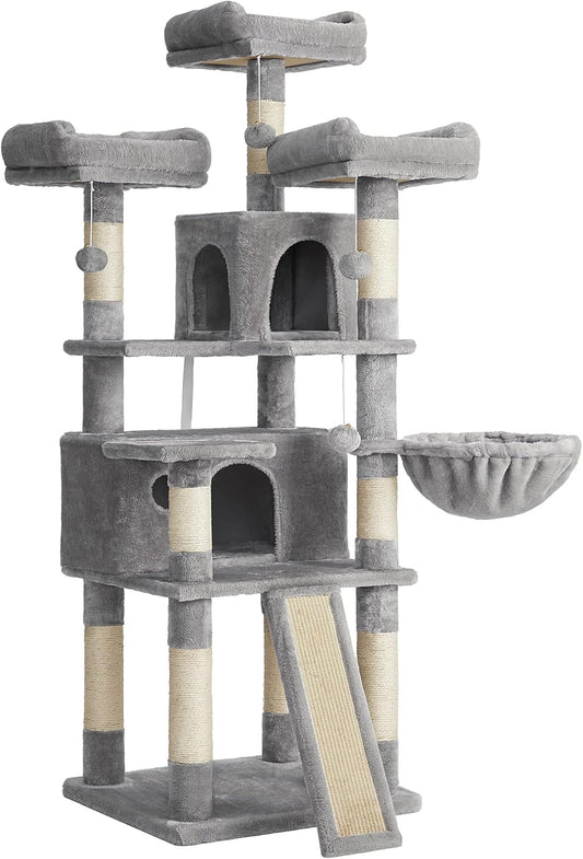 Cat Tree, Large Cat Tower, Cat Condo with Scratching Posts, Board, 2 Caves, 3 Plush Perches, Activity Center, 66.5 Inches, Light Gray UPCT019W01